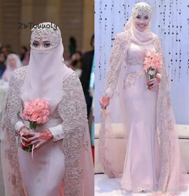 Dusty Pink Muslim Wedding Dress Islam Mermaid Turkish Long Sleeve Vestidos Para Boda Islamic Country Bride Dress Customized