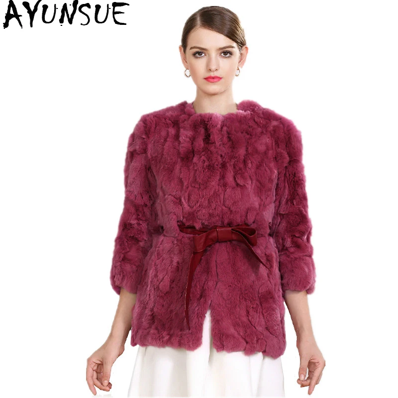 

AYUNSUE 2020 New Autumn and Winter Natural Rex Rabbit Fur Coats Women O-Neck Long Slim Real Fur Coat Female Outerwear YS2814004