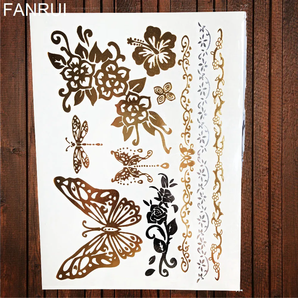 Gold Metallic Butterfly Temporary Tattoo Lance Henna Flower Women Flash Tattoo Sticker Girl Body Hand Art Waterproof Tatoos Leaf