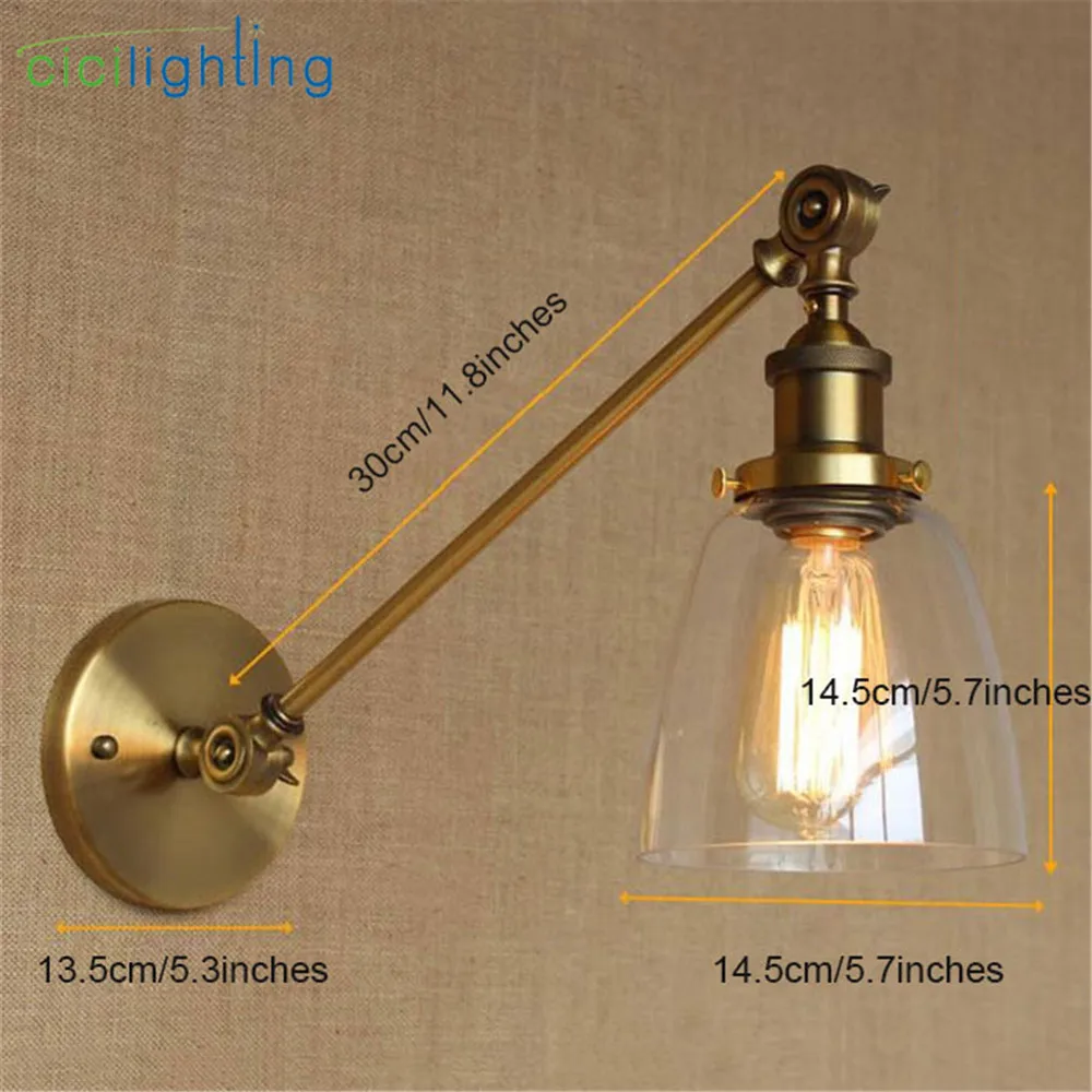 Vintage L30cm Single Adjustable Arm Brass Copper Wall Lights Metal Iron Umbrella Wall Sconce Abajur Luminaria Glass Wall Lamp