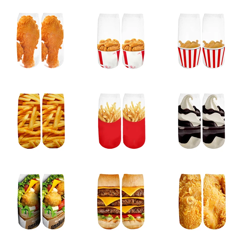 PLstar Cosmos Food Print Socks Men Women Fashion French Fries Hamburger Ice Cream 3D Print Short Ankle Socks Casual Art 3d Socks