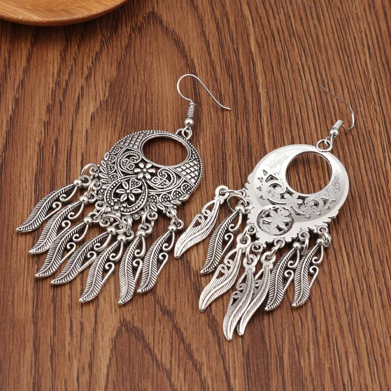 Aihua Vintage Tibet Silber Farbe große Aussage hohle geschnitzte Blumen geometrische Muster Blätter Quaste Tropfen Ohrringe für Frauen – Detail 16