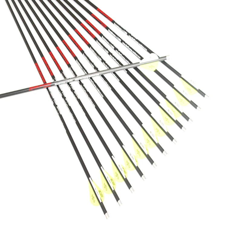 

12pcs Archery carbon arrow spine300-600 ID6.2mm 2"plastic vane 100gr replaceable point Explosion-proof ring for compound bow