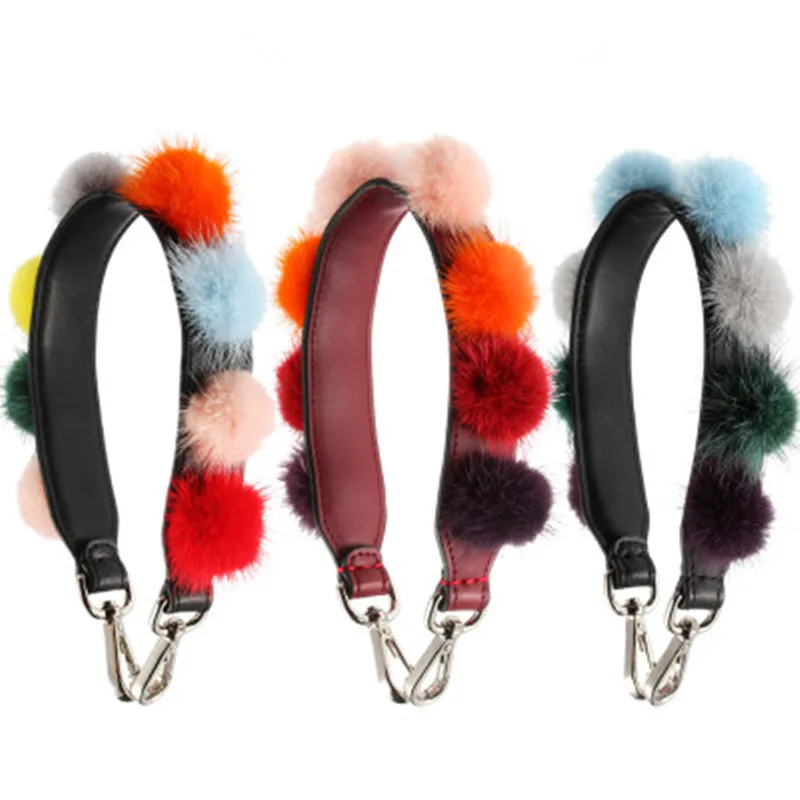 New Real fur design Winter Pom Pom Charm Bag Strap Women Bag Accessories Arrival Strap You Split Leather Handbag Straps Short