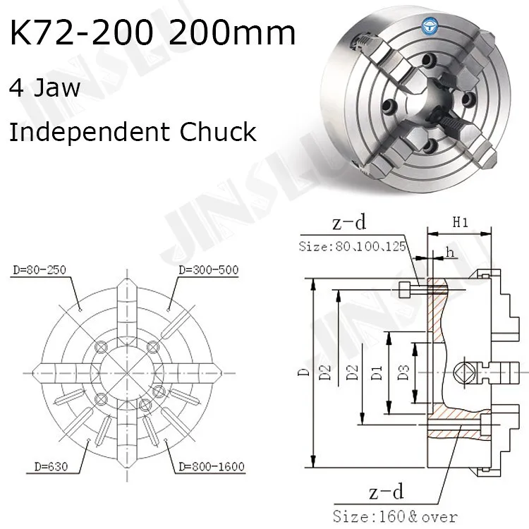 K72-200 4 Jaw Lathe Chuck Four Jaw  Independent Chuck 200mm Manual for  Welding Positioner Turn Table 1PK Accessories for Lathe