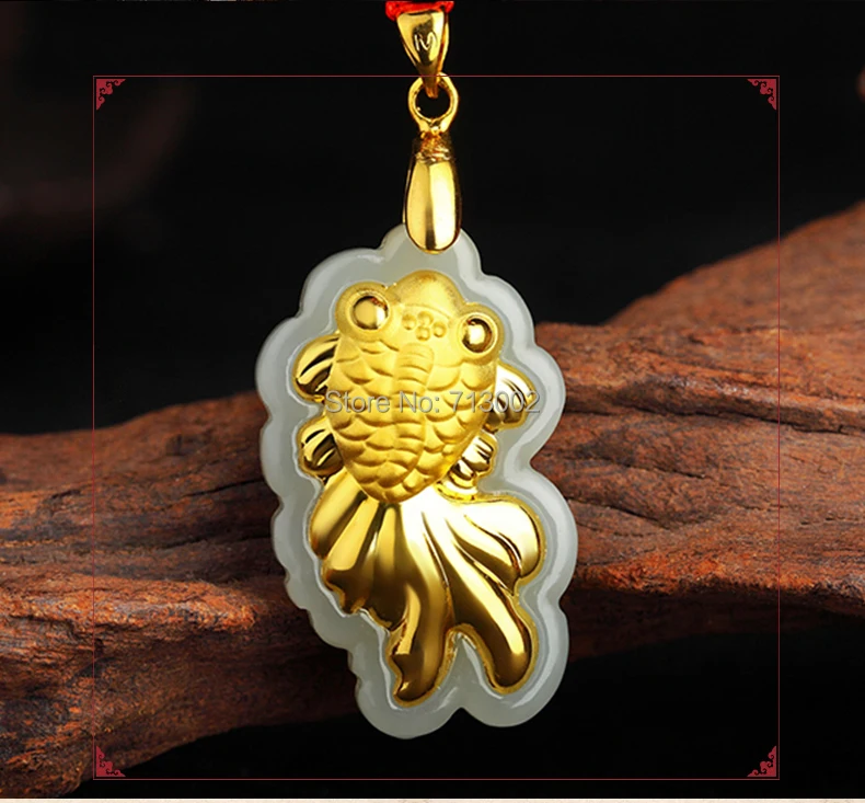 

Nature Jade MILK IVORY jadite Amulet goldfish 24K Gold Pendant Talisman Necklace With certificate