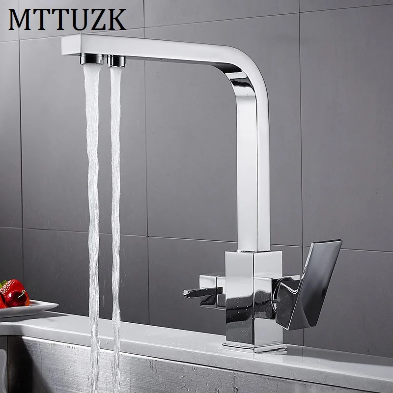 

MTTUZK Square Chrome Brass Kitchen Faucet Mixer Sink Tap Cold and Hot Kitchen Modern Drinking Water 3 Way Filtered Faucet Mixer