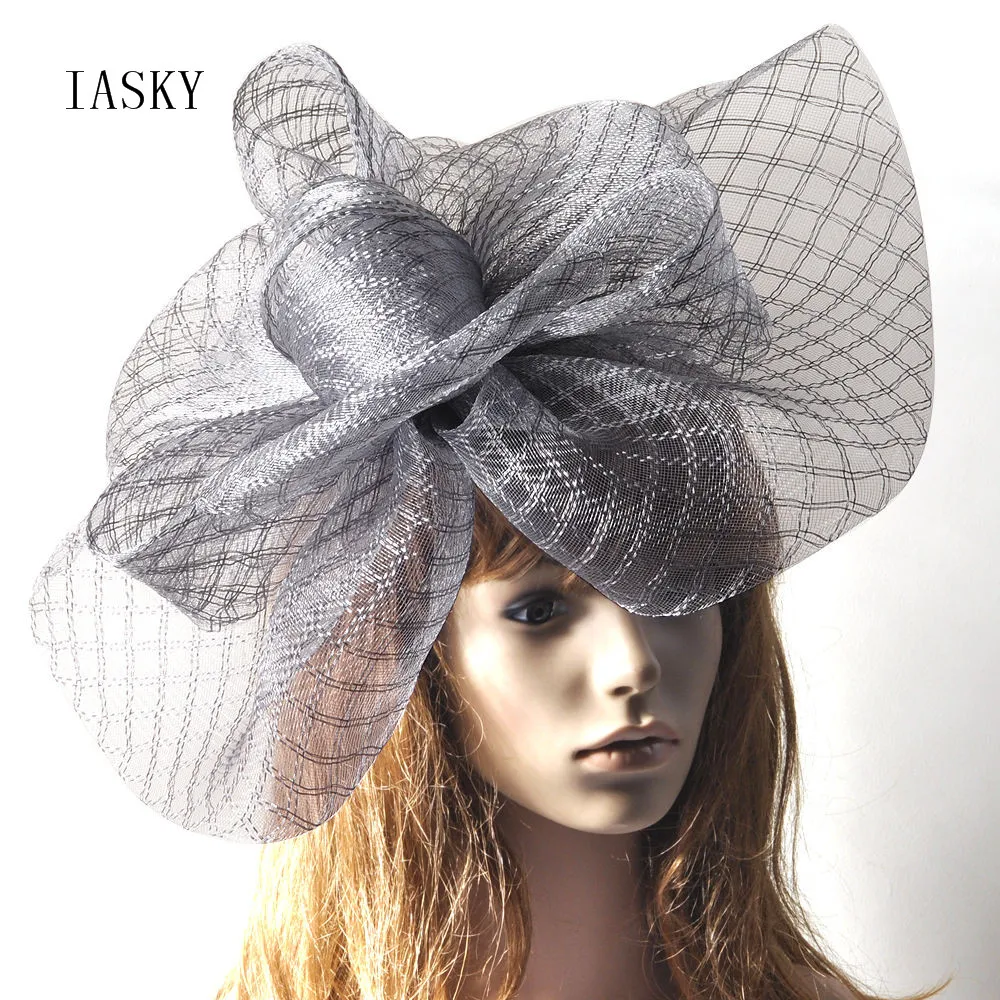 BIg Grey Grid Fascinator Hair Clip Women French Style Church Horse Race Party Ladies Wedding Hat Fashion Fascinator Headwear