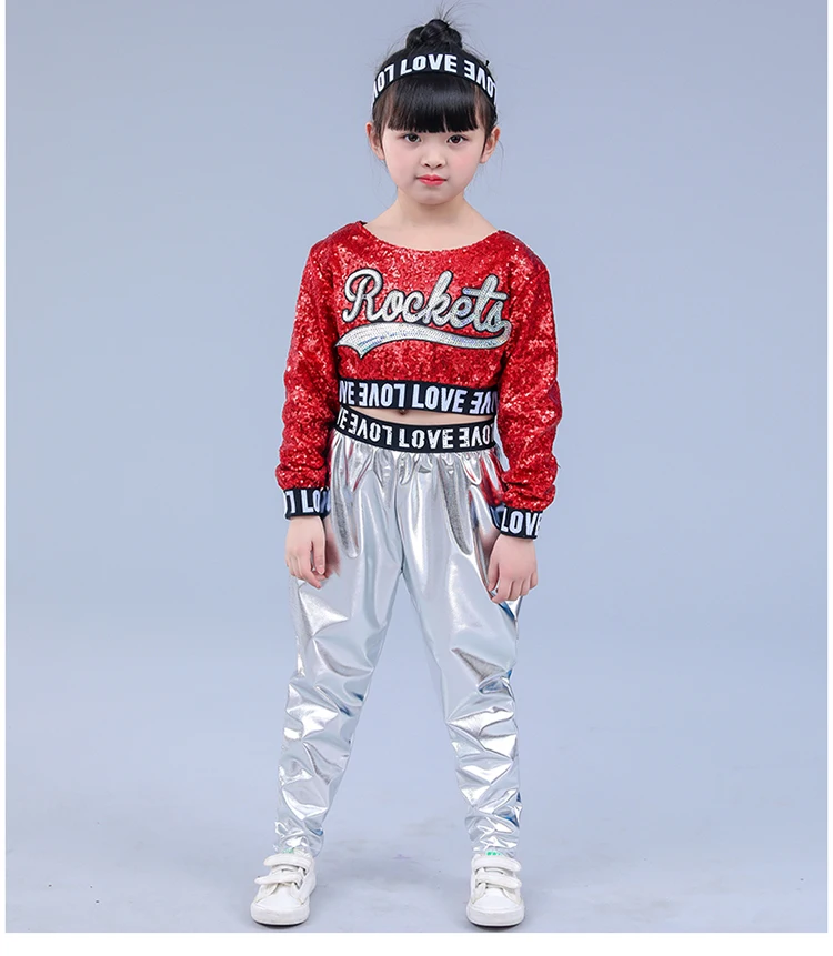 Red Girl Jazz Dance Children Sequin Hip Hop Dance Costume Sparkly Stage Jazz Dance Costumes Suit Girls Crop Top and Pants