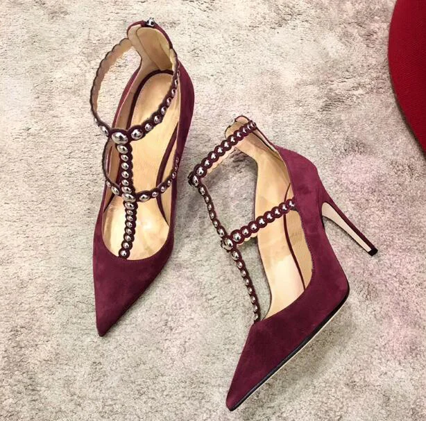 

Spring Fashion Burgundy Faux Suede Leather Women T-Straps High Heels Sexy Pointy Toe Ladies Sexy Pumps Elegant Party Shoes