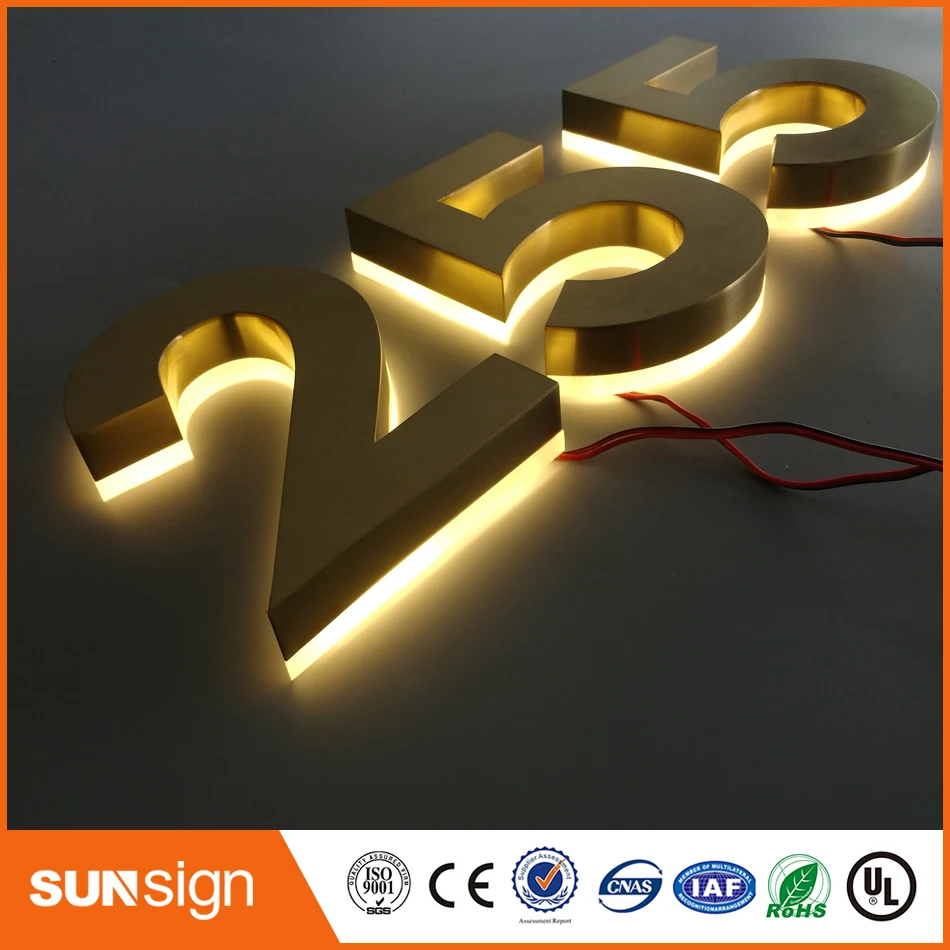 

H 25cm light Golden halo-lit letter stainless steel channel letter with acrylic back for outdoor house door numbers