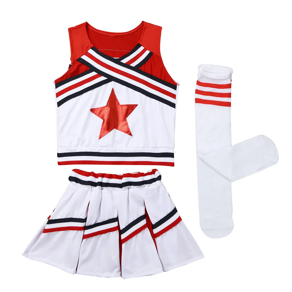 Kids Girls Cheerleader Costume Outfit Applique Cheerleading Tops with Skirt Socks Dancewear Carnival Cheerleading Uniform Suit