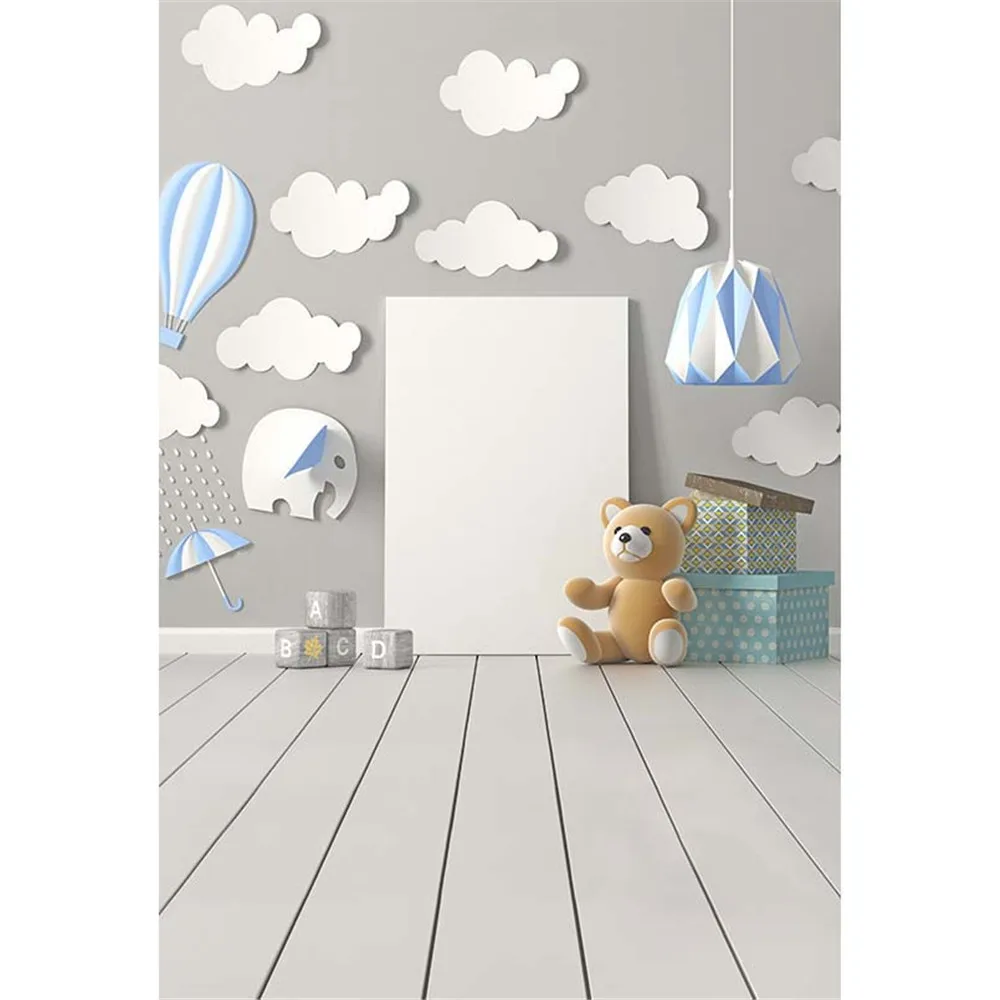 

Wood Floor Baby Kids Picture Backdrop Photography Printed Paper Cut Elephant Clouds Hot Air Balloon Children Photo Background