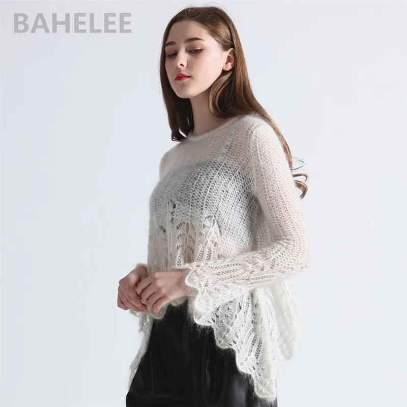 BAHTLEE-Women's Mohair Knitted Pullovers, O-Neck Sweater, Hollowing Out Sweater, Long Sleeves, Wool Jumper, Lazy Style, Spring