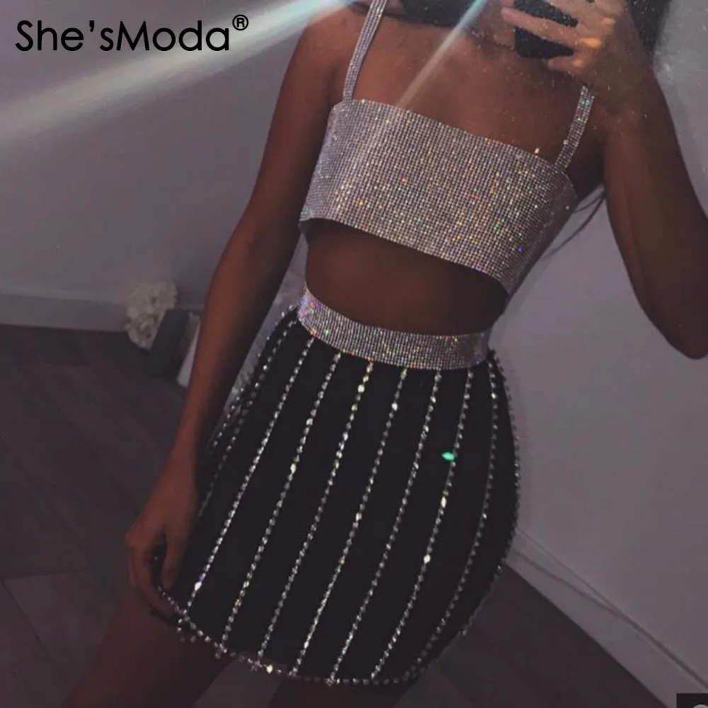 

She'sModa Diamond Alloy Metal Top + Skirt Party Club Women's Set