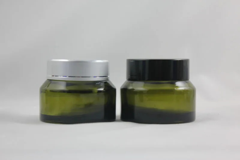 

50g olive green glass cream jar with black/silver aluminum lid, 50g cosmetic jar,packing for mask or eye cream,50g glass bottle