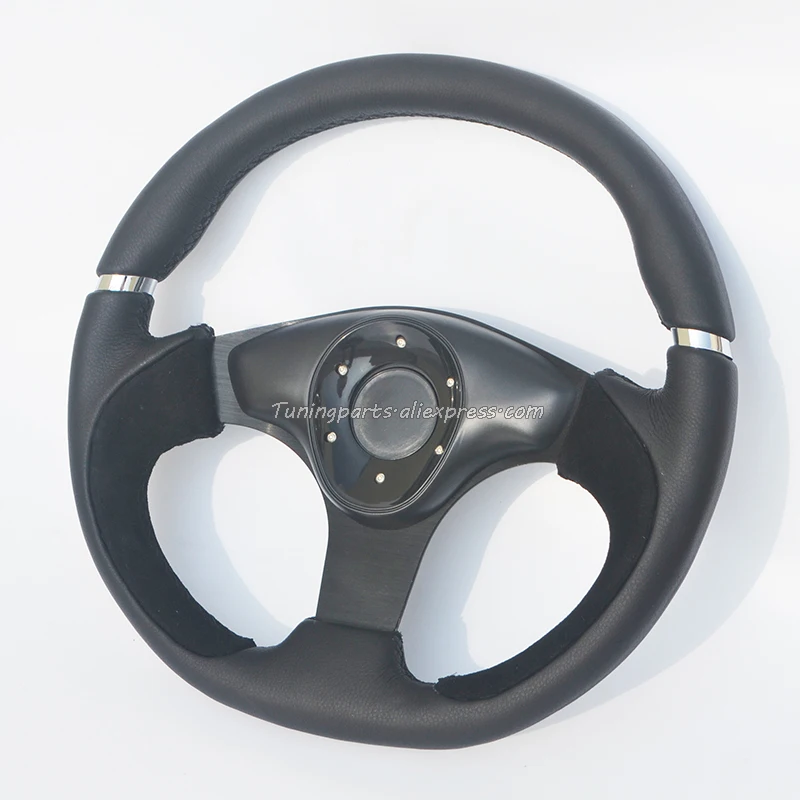 Universal MOMOMPLYJ Car Steering Wheel 13.5 inch Suede and Leather Flat Style Modified Steering Wheel