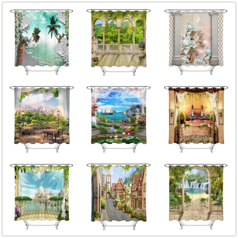 

European Landscape And Architecture Shower Curtain Bathroom Screens Waterproof Eco-Friendly Polyester Fabric for Bathtub Decor