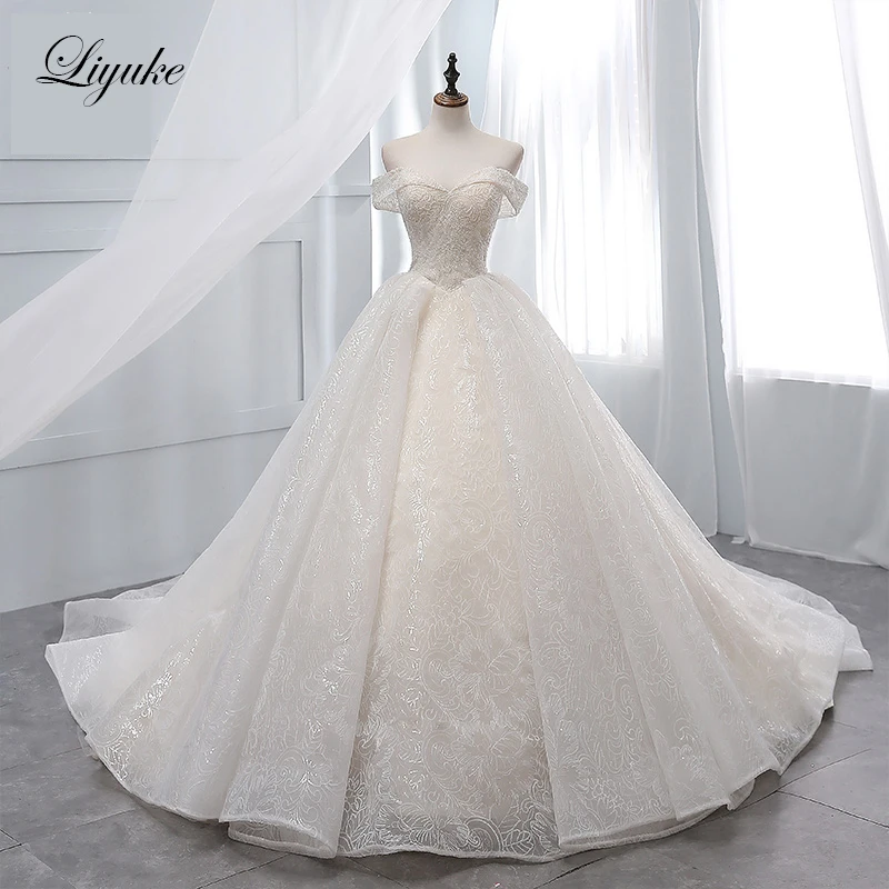 Liyuke luz do vintage champanhe vestido de baile vestido de casamento lantejoulas organza capela trem rendas até vestido de noiva boda 2019