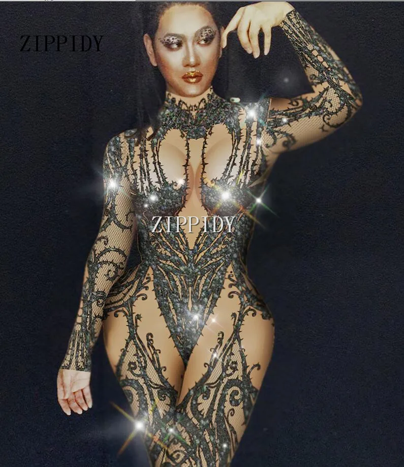 

Sexy Black Nude Rhinestone Jumpsuit Sexy Nightclub Bar Wear Stones Bodysuit Leggings Prom Celebrate Outfit Performance Dress