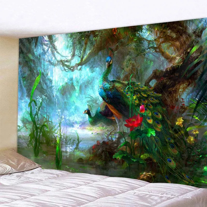 

Colorful Peacock Fawn Mural Wall Hanging Tapestry Decorative Art Blanket Curtain Hanging Home Bedroom Living Room Decor