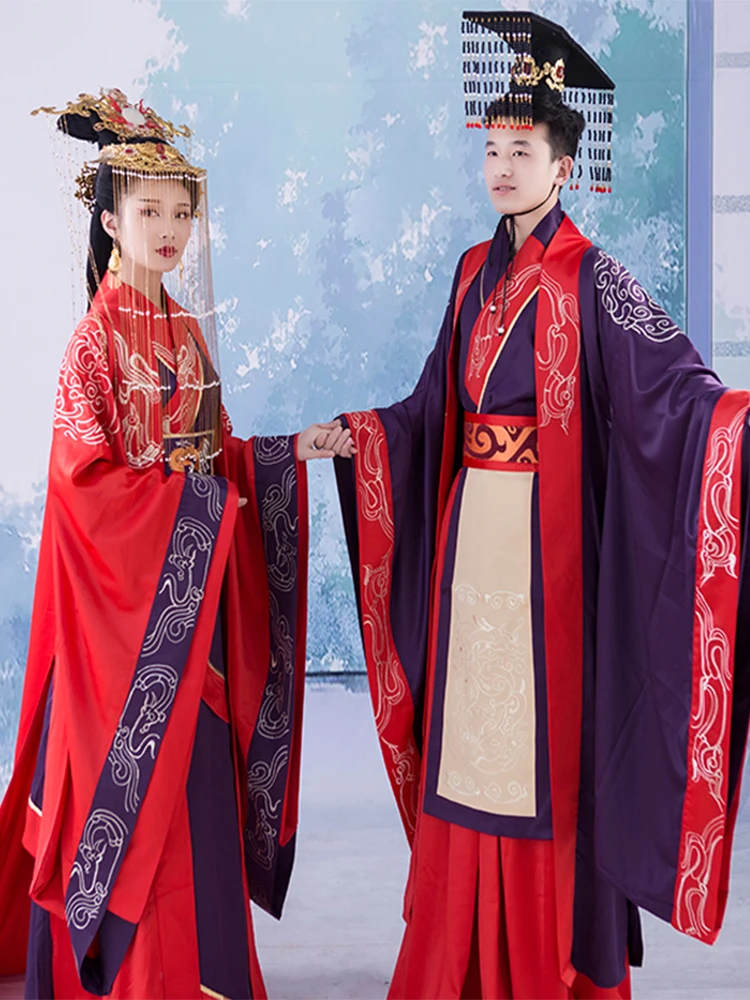 

Chinese Traditional Wedding Hanfu Costume Set for Bride and Groom Qin Han Dynasty Long Tail Couple Wedding Costume Embroidery