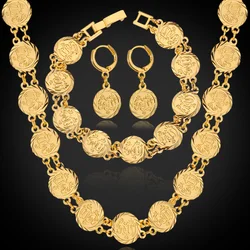 Dubai Gold Color Jewelry Sets Necklace Bracelet Earrings For Women Ethnic Islamic Religion Allah Coin Muslim Set Wedding Jewelry