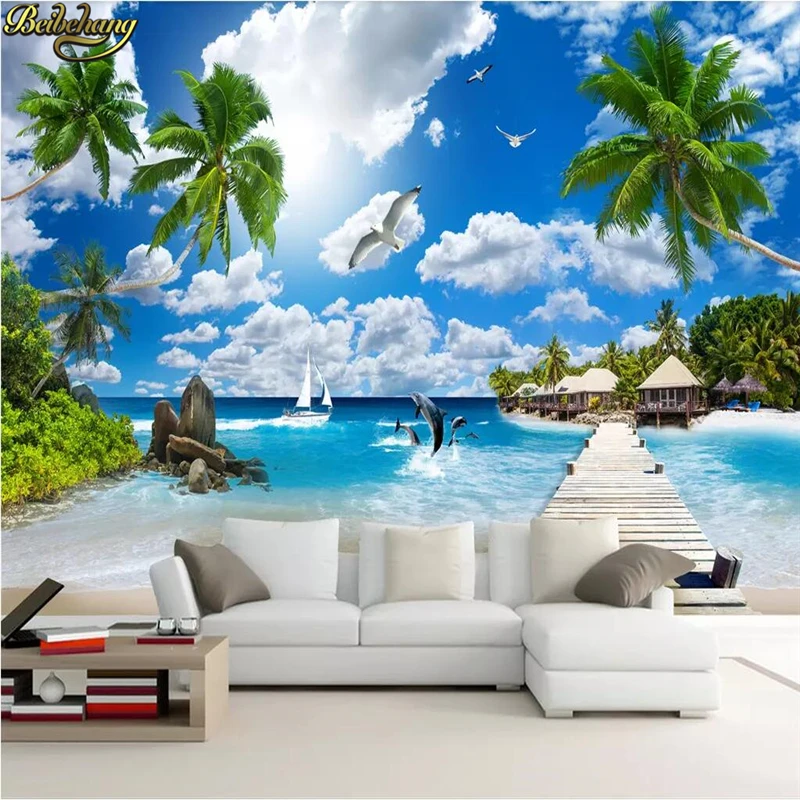 

beibehang Custom seascape landscape painting coconut tree wallpaper for living room TV background home renovation 3D wall paper