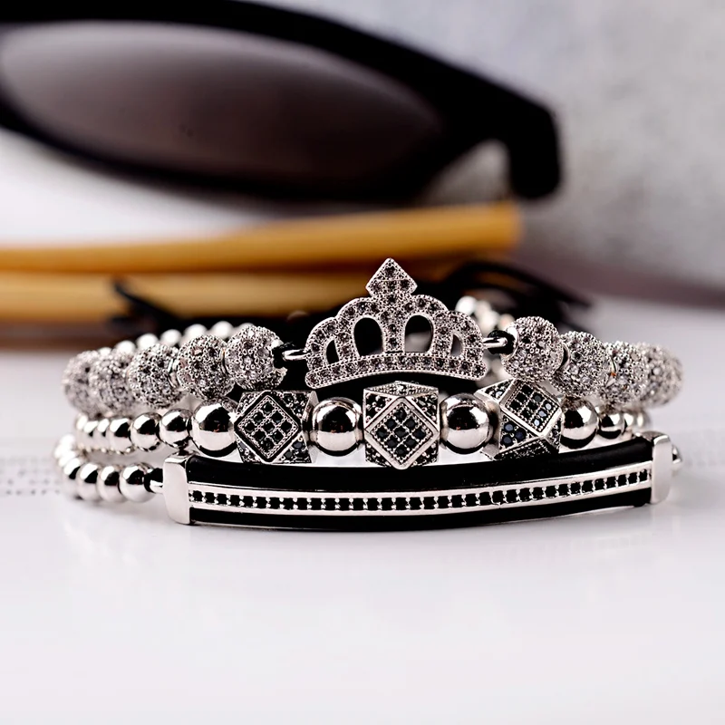 Luxury CZ King Crown Charm Men\'s Copper Bead Macrame Bracelets Fashion Geometric Long Tube Set Bracelets&Bangles For Women