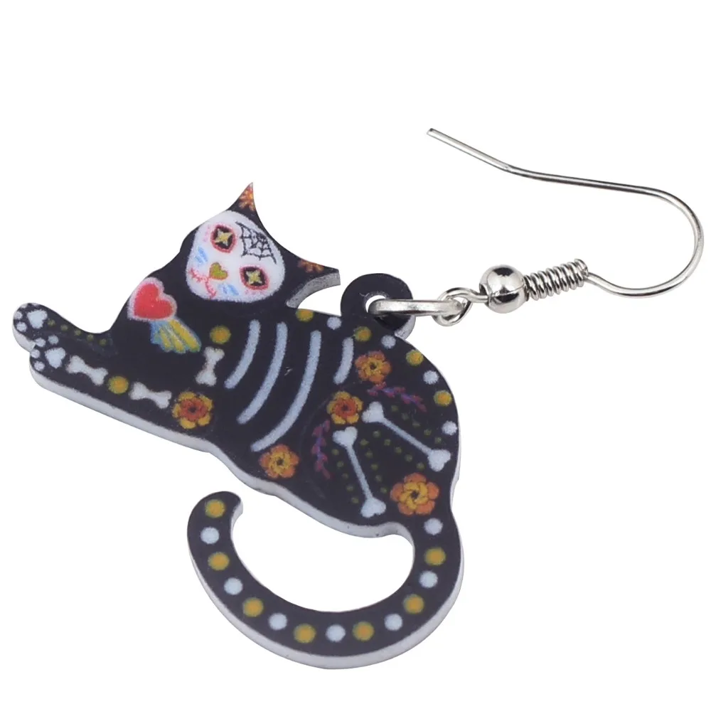 Bonsny Acrylic Halloween Theme Lovely Cat Kitten Earrings Big Long Drop Dangle Animal Cartoon Jewelry For Women Girl Teens Kids