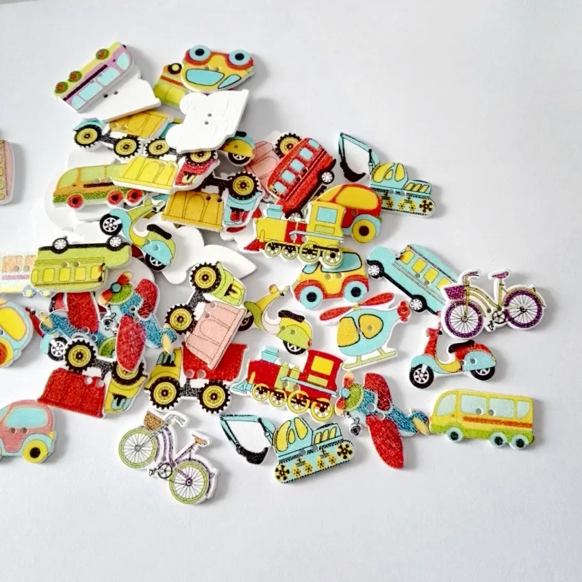 Free Shipping-100PCs Random Mixed Decorative Buttons Lovely Conveyance 2 Holes Mixed Sewing Wooden Buttons Flatblck Scrapbooking