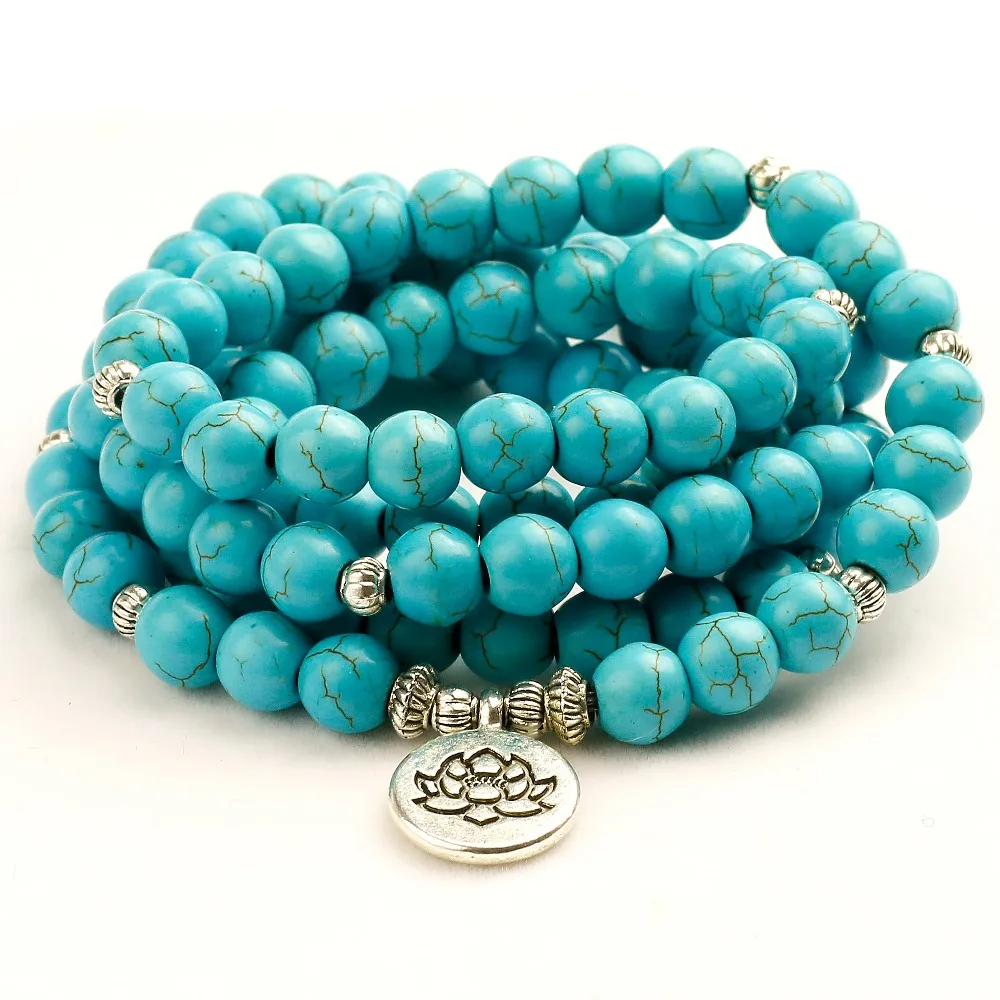 Men 8mm Howlite Lotus Bracelet or Necklace Stone 108 Beads Buddha Tree Life Charms Bracelet Women Couple Jewelry Gift for Girls