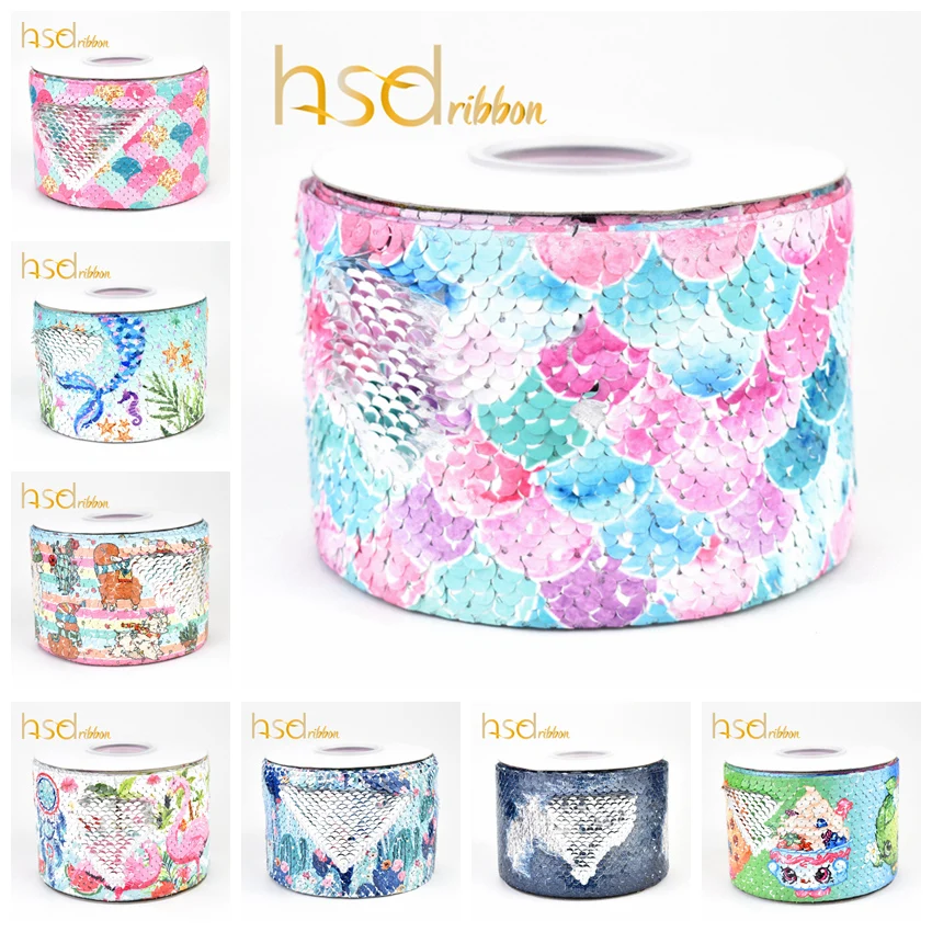 HSDRibbon 75mm 3 inch heat transfer printed Sequin Fabric Reversible Glitter Sequin Ribbon 25Yards/Roll for diy bows