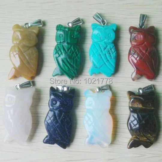 

Fashion mixed carved natural stone animals owl pendants charms for Necklace jewelry making wholesale 8pcs free shipping