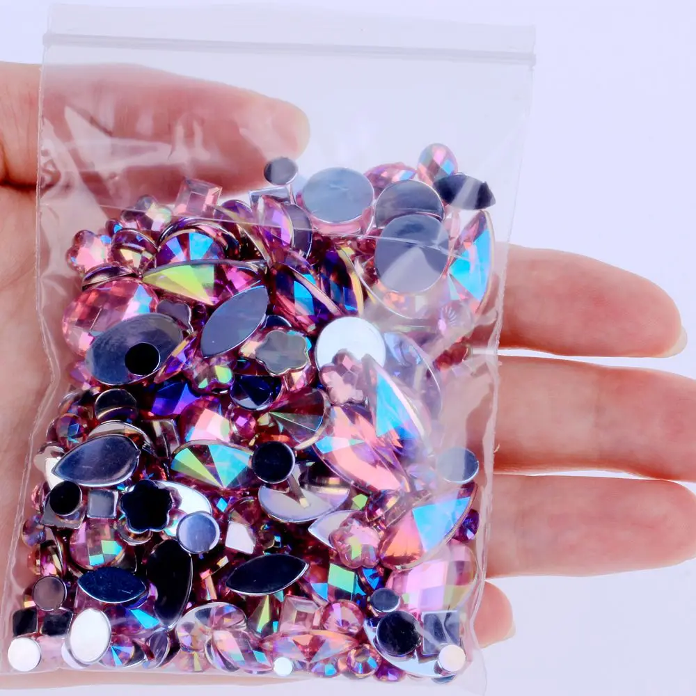 Bolsa de 15g de diamantes de imitación acrílicos con parte posterior plana, varios tamaños y formas, muchos colores para decoraciones faciales, 300