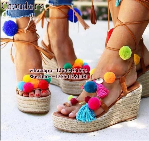 

Luxury Brand Colorful Pom Pom Sandals Espadrilles Wedge Sandals Platform Lace up Gladiator Sandals Women Shoes Summer