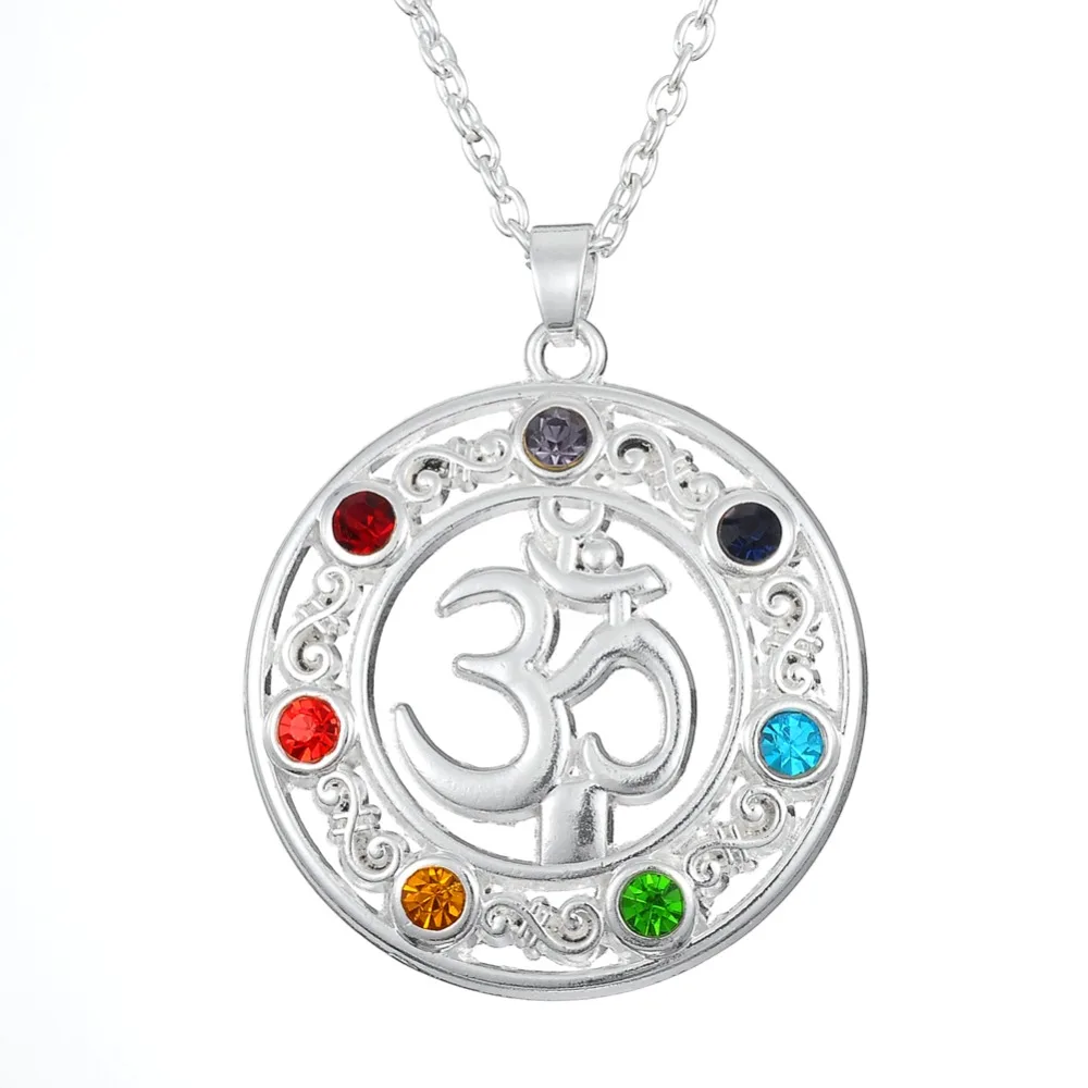 My Shape 7 Chakra Healing Gem Stone Round Shaped Yoga Symbol Ohm Charm Pendant Necklace Jewelry