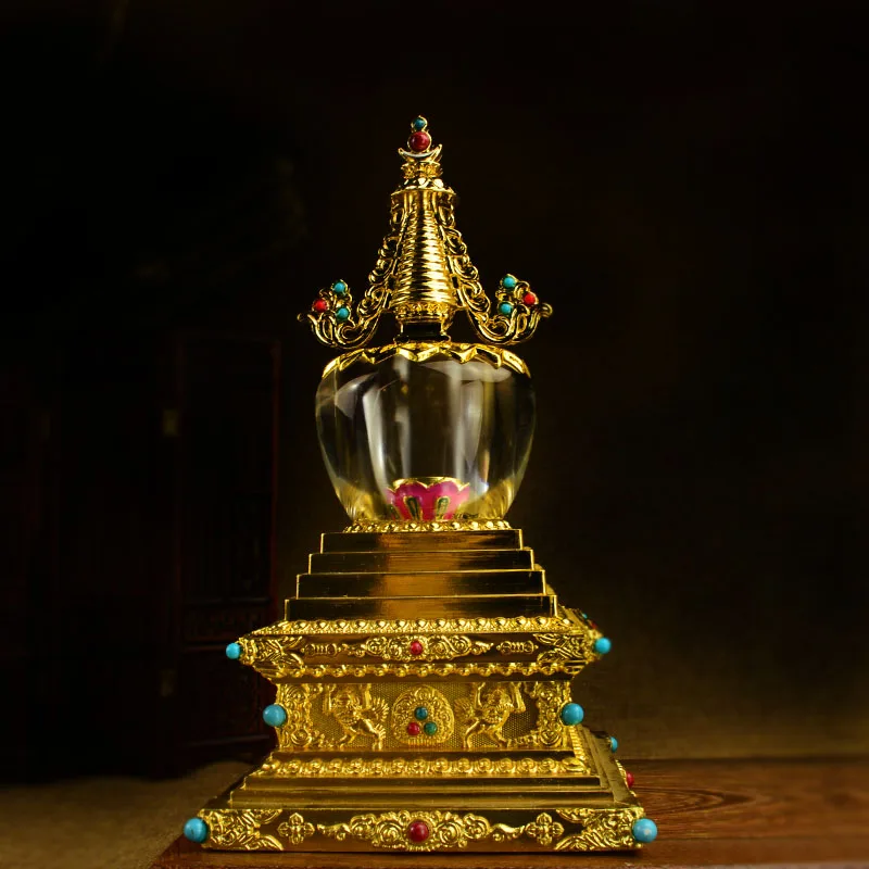 Boutique Tibetan Buddhism Crystal Stupa, Gilding Bodhi Pagoda Tower, Buddha's Relics Thupo High 17cm Buddhist Supplies