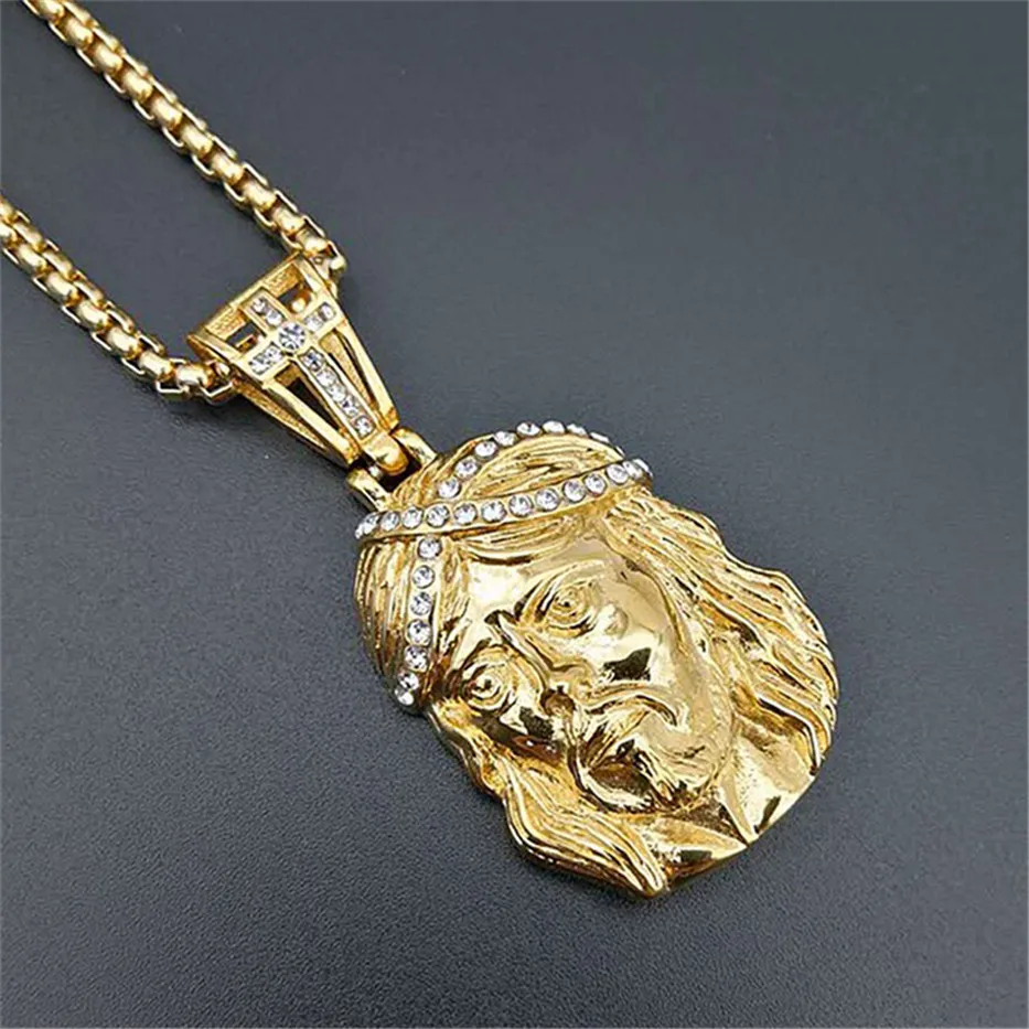 Hip Hop Necklace Stainless Steel Gold Color Iced Out Chains Cross Jesus Head Pendant Necklace For Men/Women Gifts