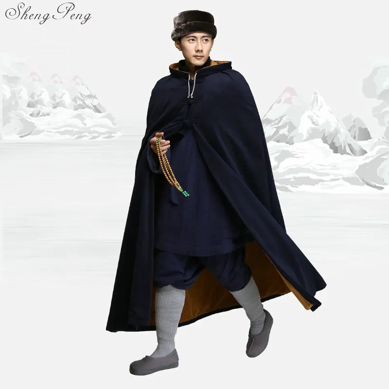 

Solid color unisex zen clothing warm cloak winter capes and ponchos male female quilted overcoats ponchos and capes V1106