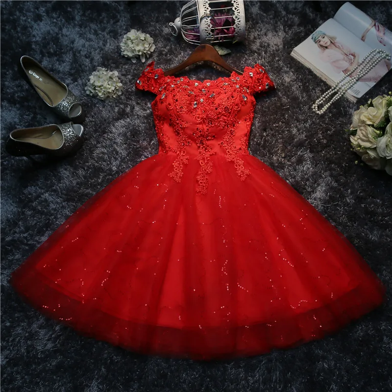 LYG-A5#Bridesmaid Dresses Drill Lace Up Red And White Short Wedding Party Prom Dress Wholesale Bride Marry Girls Graduation