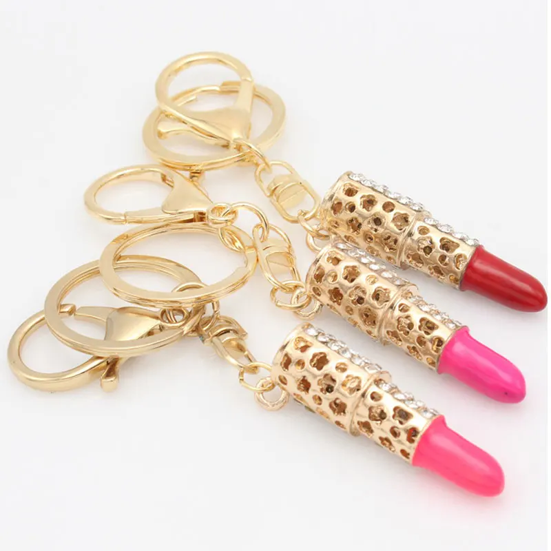 Fashion Metal Full Rhinestone Lipstick Red Keychain Bag Pendant Key Chain For Woman Gift