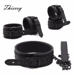 Thierry PU Leather SM Products Wrist Cuffs & Ankle Cuffs & Neck Collar Set, BDSM Bondage Sex Toys, Hancuffs Cosplay Accessories