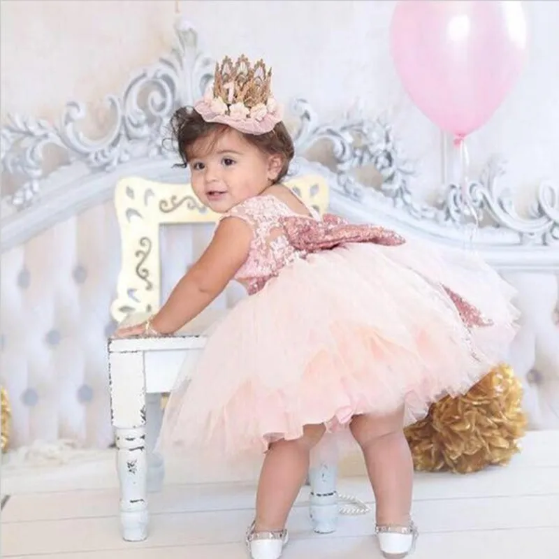 Baby & Young Girls Kids Wedding Flower Girl Dress Princess Party Pageant Formal Dress Back Bow Sleeveless Lace Tulle Dress DS19