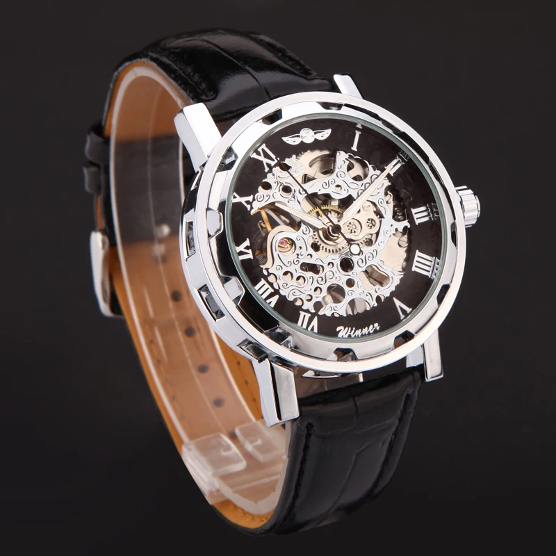 New Winner Hot mechanical Brand men hand wind Skeleton watches male Dress fashion clock style black gold blue color leather band