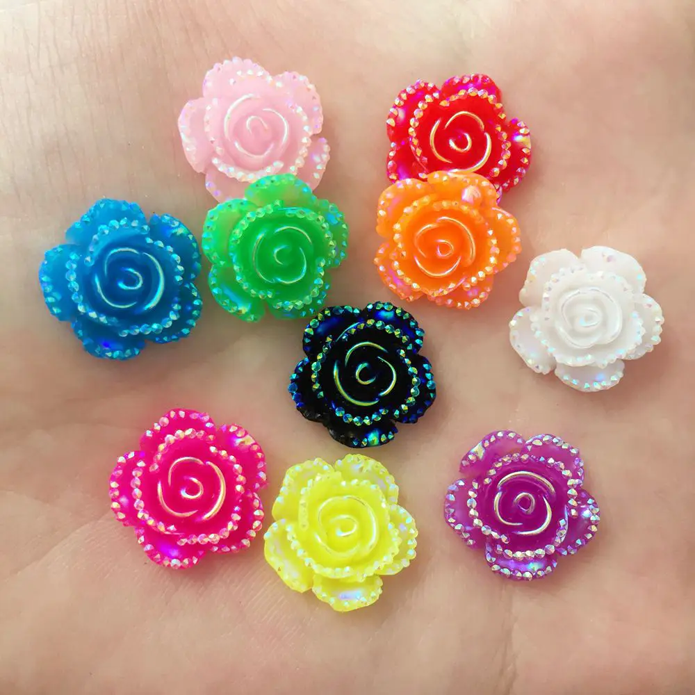 New 60Pcs 14mm AB Resin Rose Flatback Flower Stone Scrapbook Wedding Buttons DIY R22*3