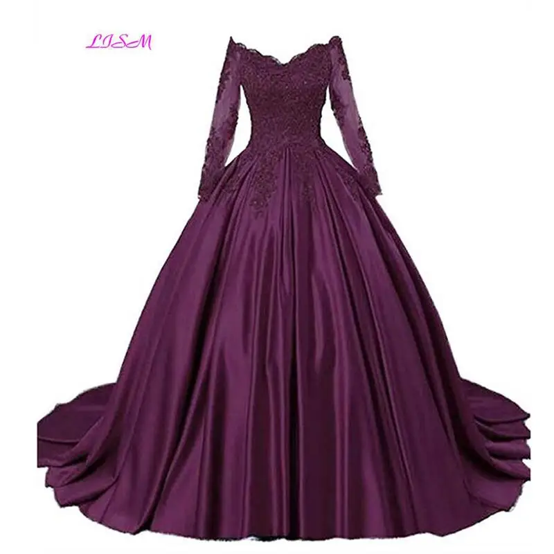 Luxury Ball ชุด Quinceanera Burgundy Off ไหล่ Appliques ประกวดชุดแขนยาว Puffy Plus ขนาดอย่างเป็นทางการพรหม Gowns