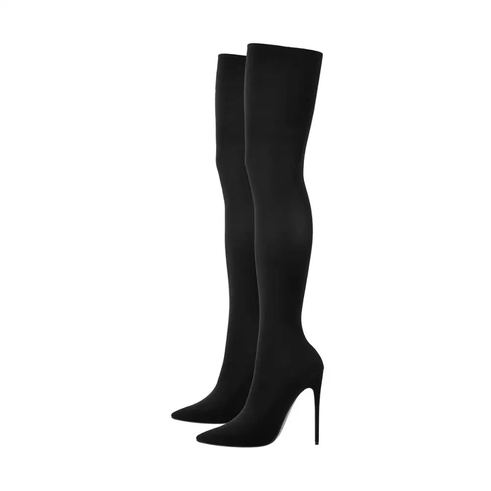 Onlymaker Women Nylons Boots Over The Knee Sock Black Thigh High Pointy Toe Stiletto Elastic Large Size Sexy Female Boots