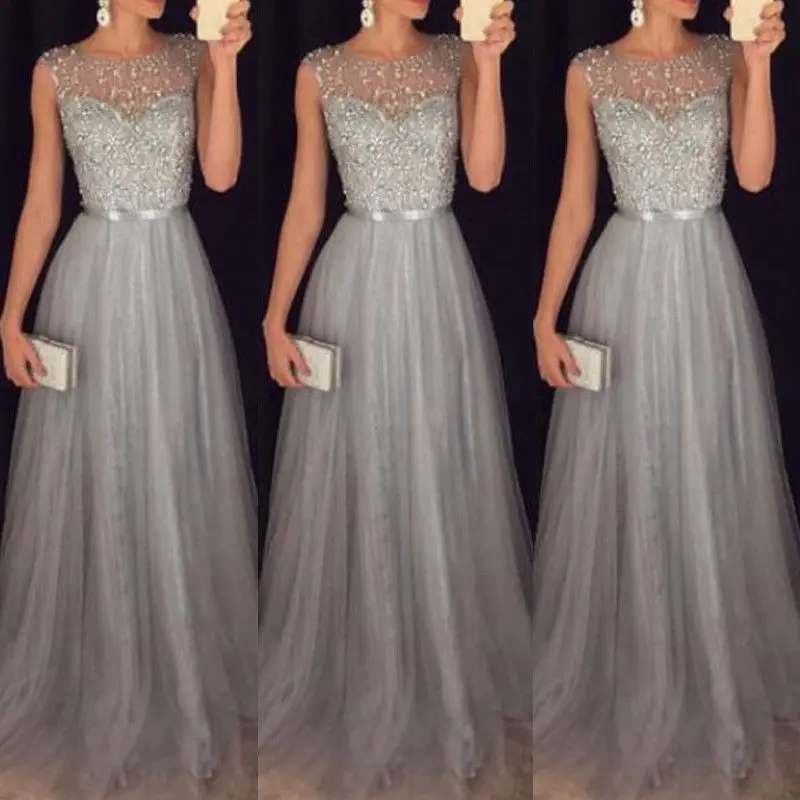 Summer Long Maxi Formal Lace Party Dress Women Elegant O-neck Sequined Bridesmaid Prom Wedding Long Dresses 2018