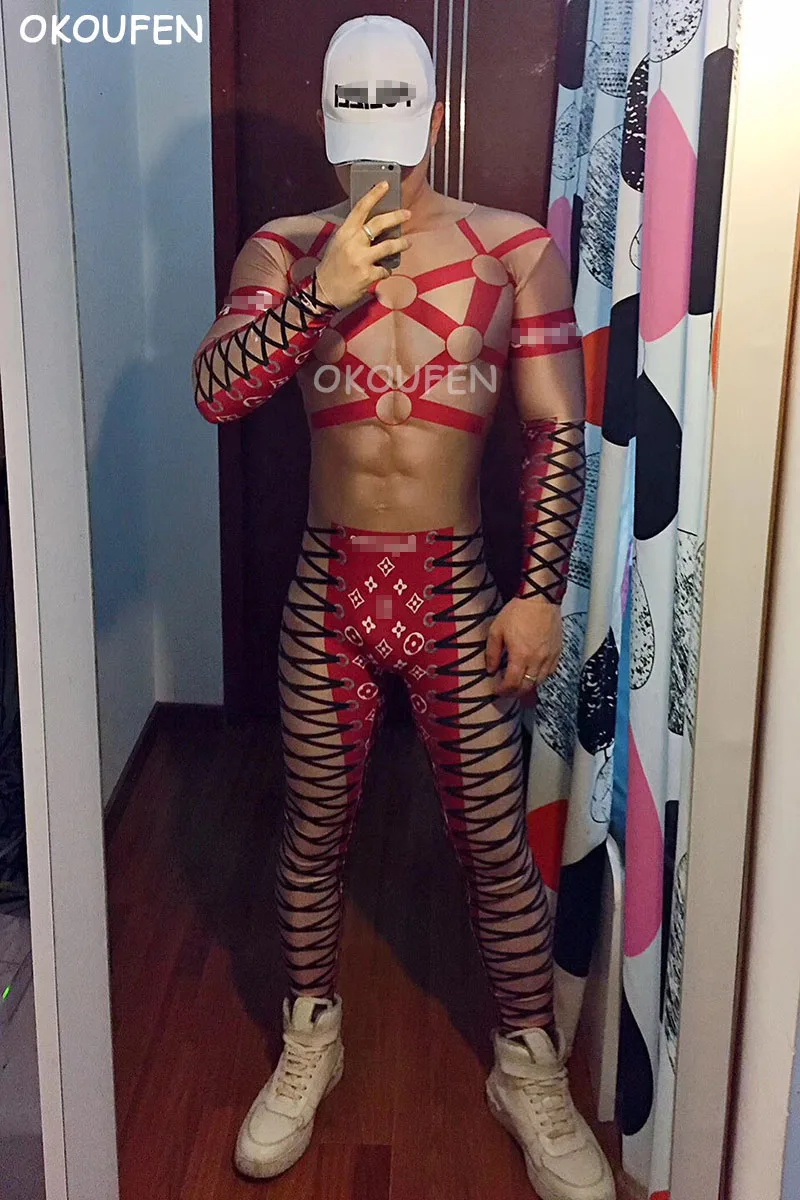 Red Sexy theme party bandage ds costumes Bar Nightclub Male Singer DS Tide suit 3D fake abdominal muscles hollow bodysuit